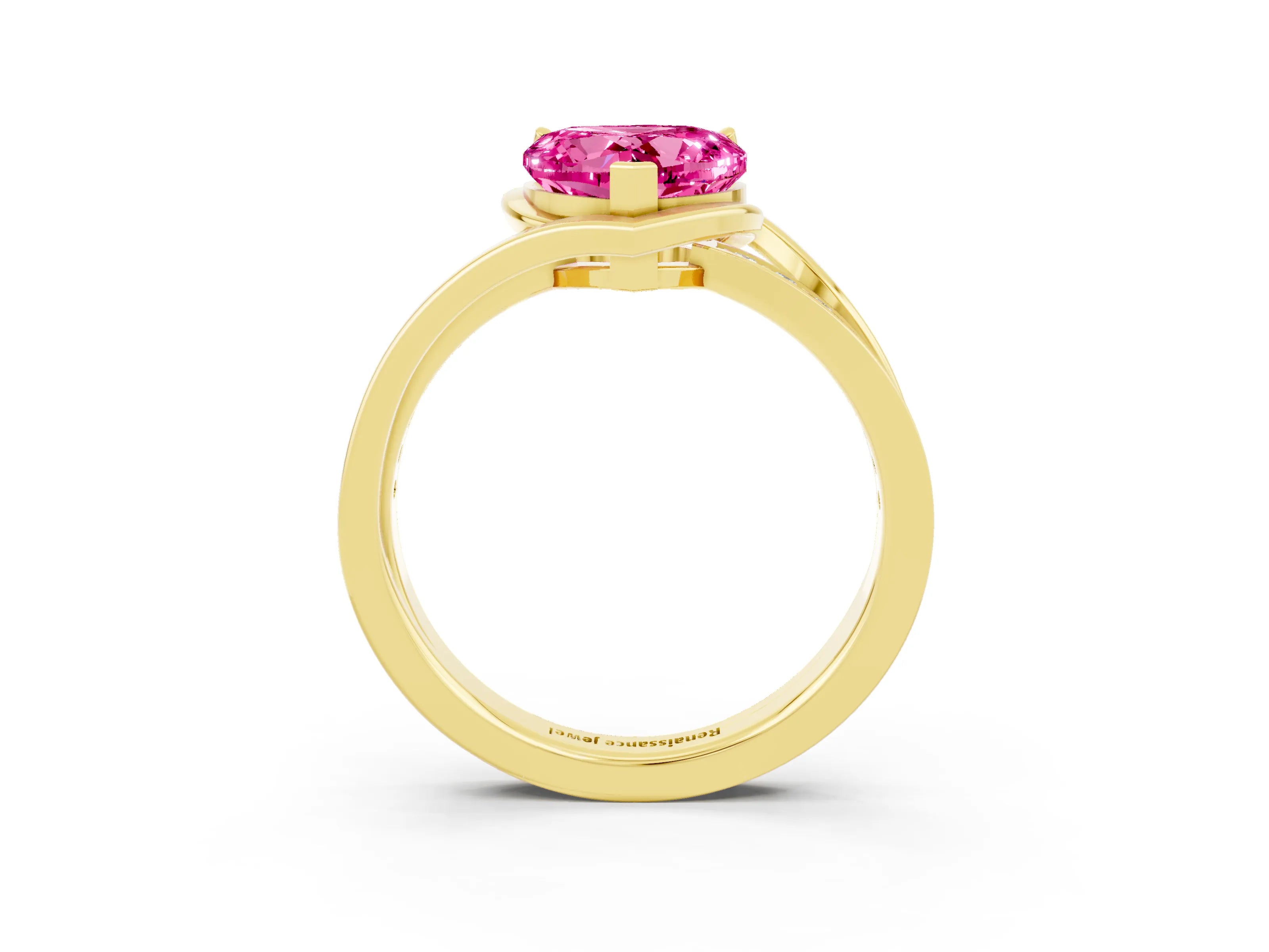 Yellow gold Heart Cut Pink Sapphire Solitaire Ring with Split Shank and Prong Setting_3
