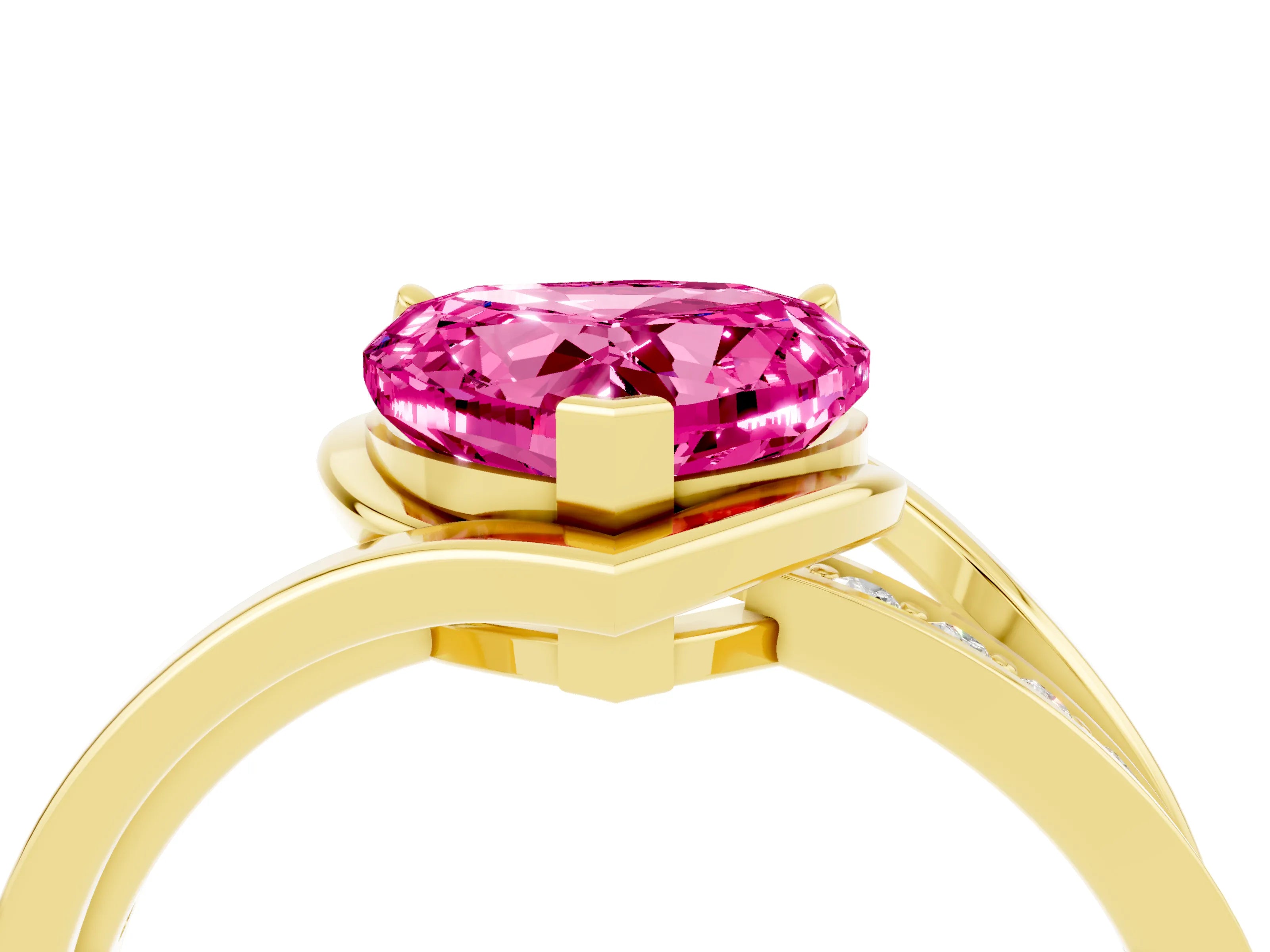 Yellow gold Heart Cut Pink Sapphire Solitaire Ring with Split Shank and Prong Setting_4