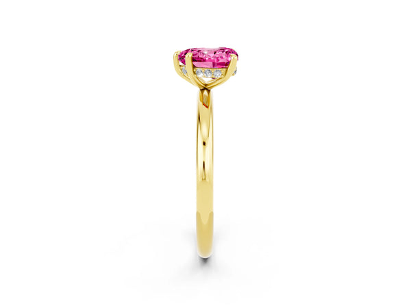 Yellow gold Heart Cut Pink Sapphire Solitaire Ring with Thin Band and Four-Prong Setting