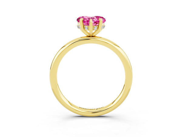 Yellow gold Heart Cut Pink Sapphire Solitaire Ring with Thin Band and Four-Prong Setting
