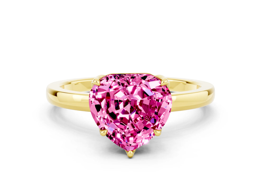 Yellow gold Heart Cut Pink Sapphire Solitaire Ring with Thin Band and Prong Setting_12