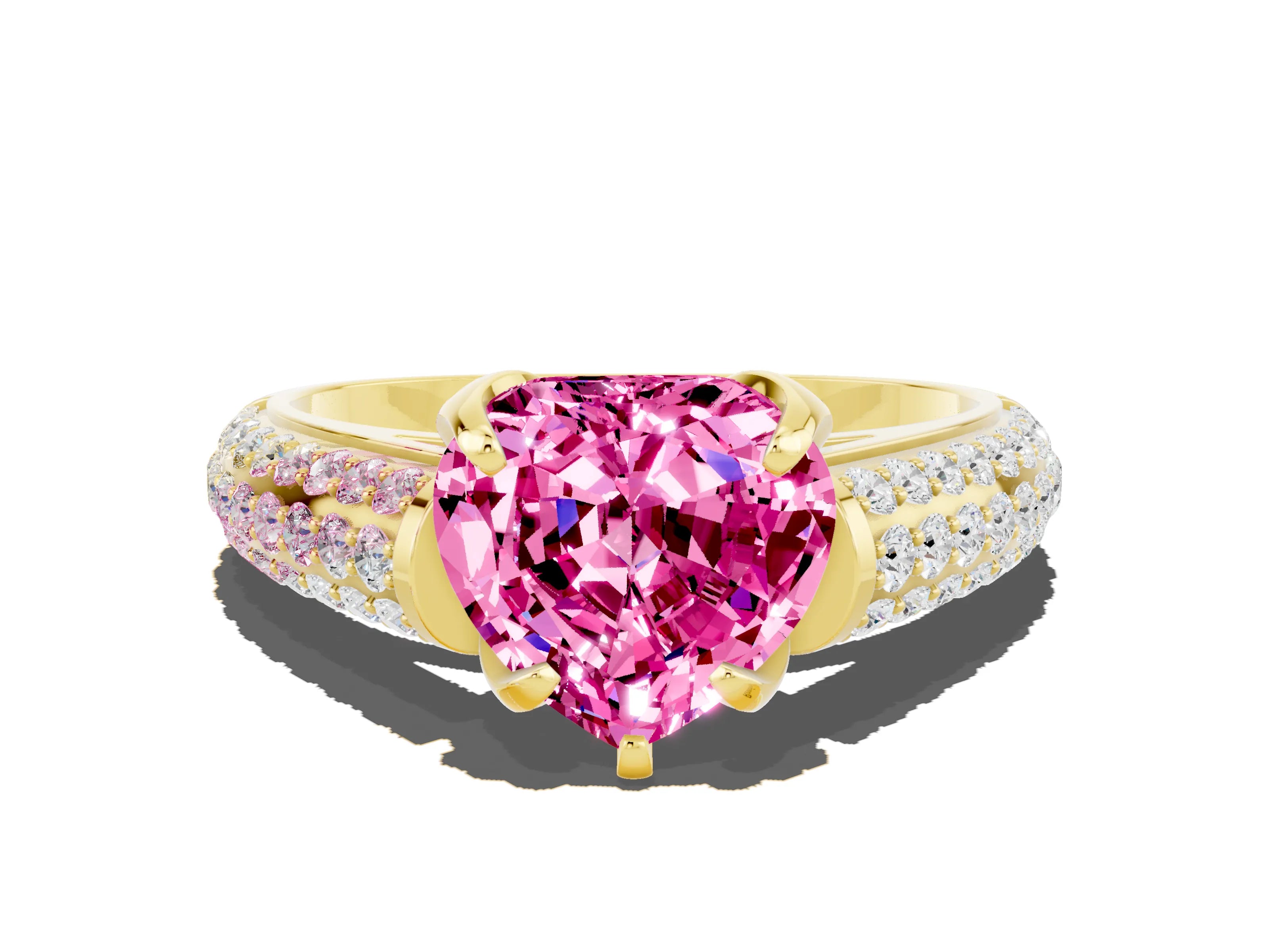 Yellow gold Heart Cut Pink Sapphire Solitaire Ring with Three-Row Pavé Band and Four-Prong Setting_12