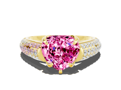 Yellow gold Heart Cut Pink Sapphire Solitaire Ring with Three-Row Pavé Band and Four-Prong Setting_12
