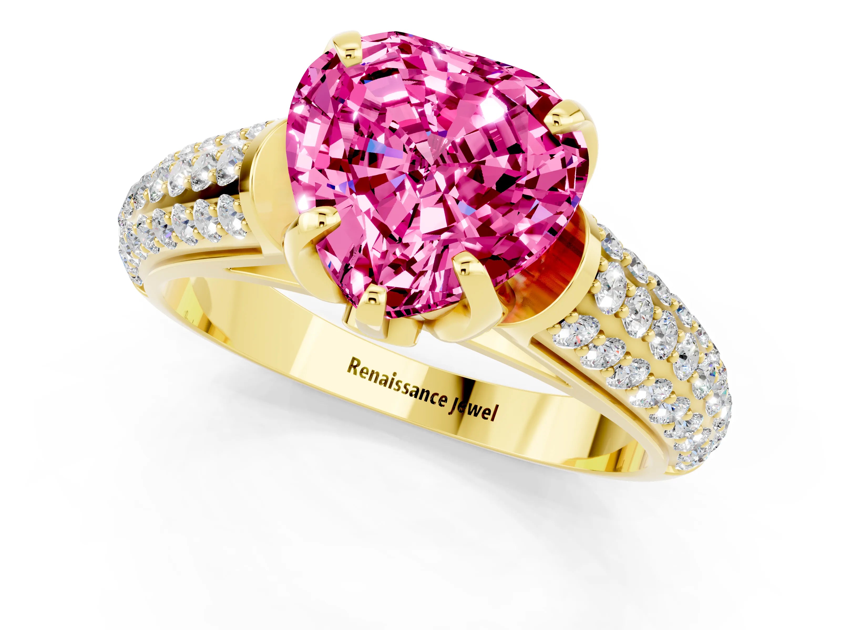 Yellow gold Heart Cut Pink Sapphire Solitaire Ring with Three-Row Pavé Band and Four-Prong Setting_13