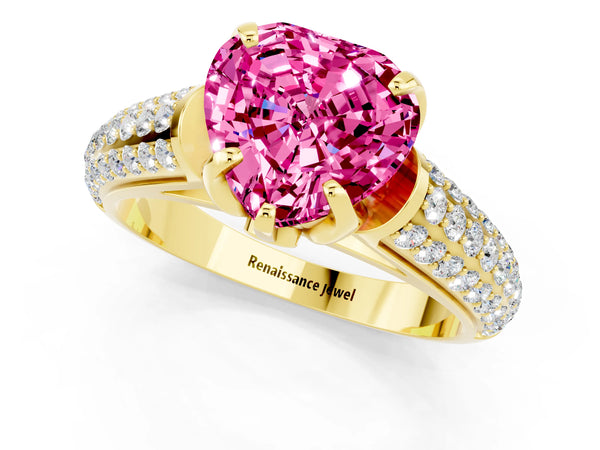 Yellow gold Heart Cut Pink Sapphire Solitaire Ring with Three-Row Pavé Band and Four-Prong Setting