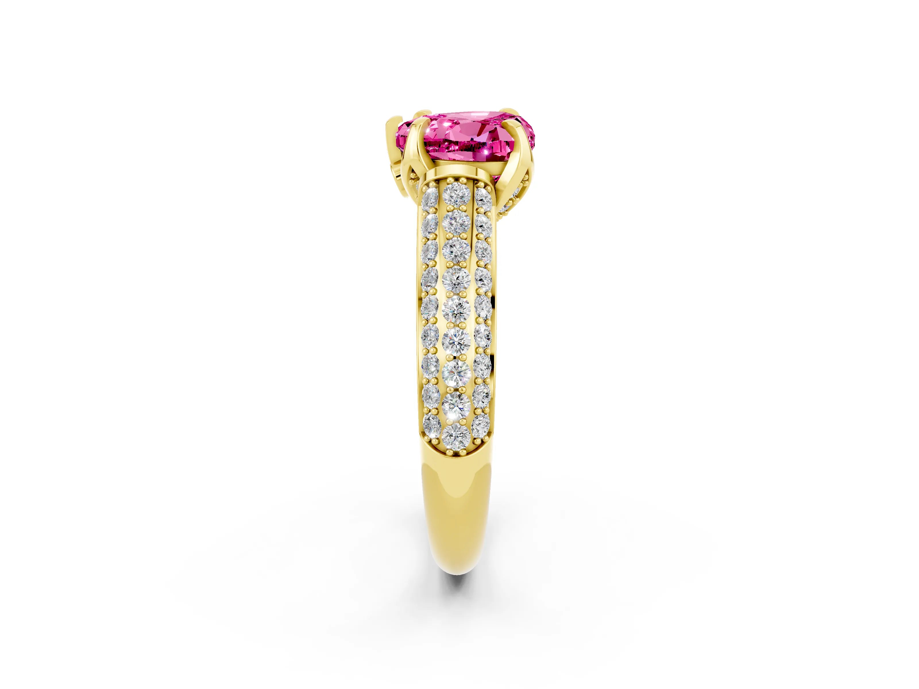 Yellow gold Heart Cut Pink Sapphire Solitaire Ring with Three-Row Pavé Band and Four-Prong Setting_14