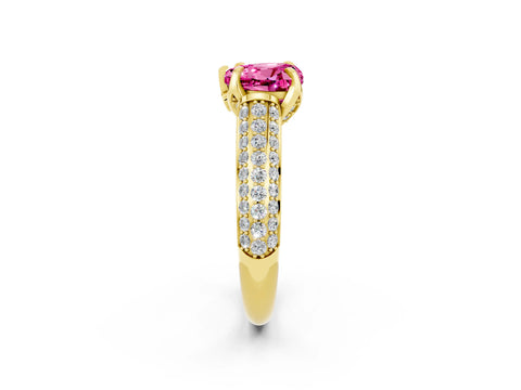 Yellow gold Heart Cut Pink Sapphire Solitaire Ring with Three-Row Pavé Band and Four-Prong Setting_14