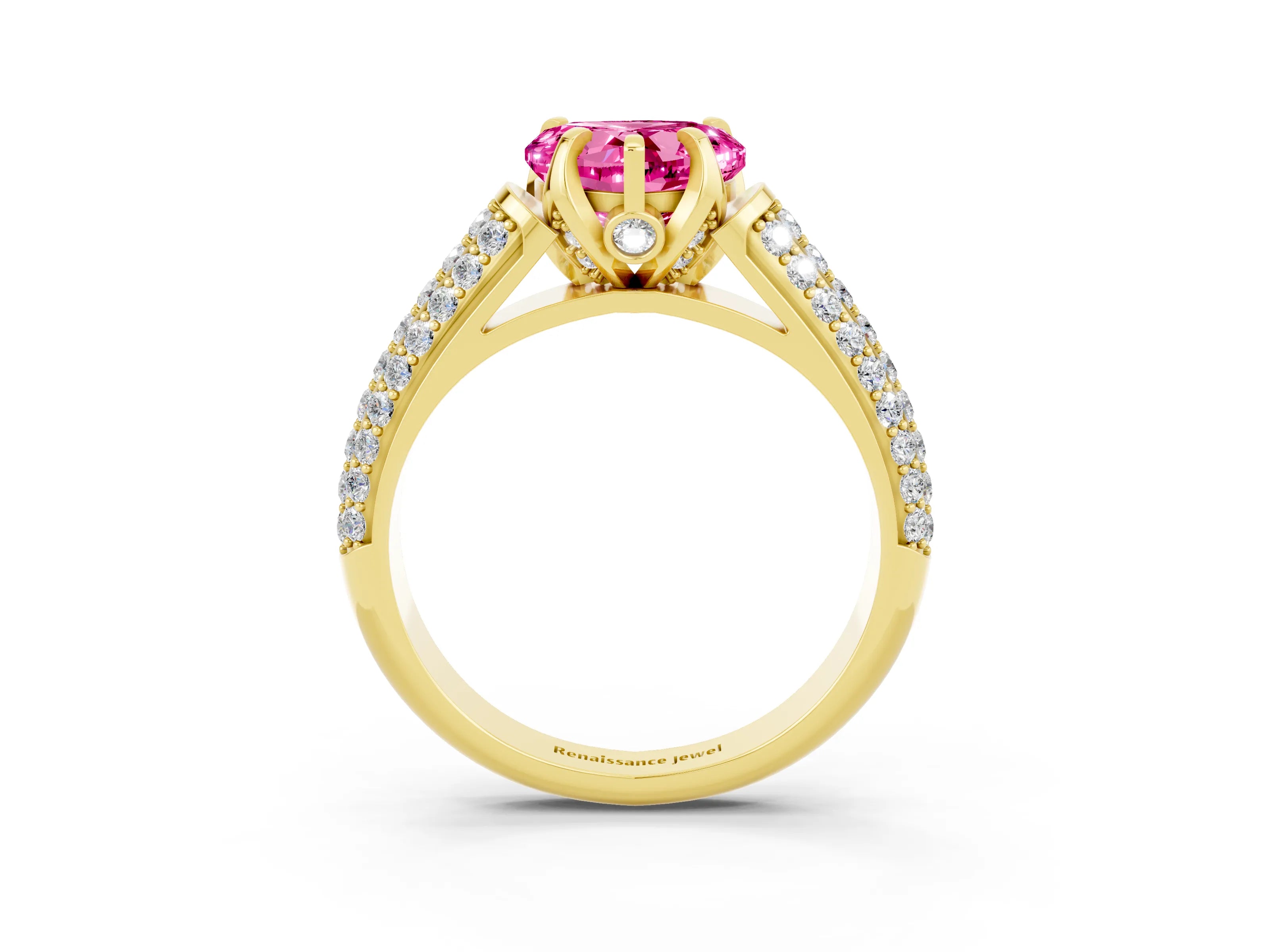Yellow gold Heart Cut Pink Sapphire Solitaire Ring with Three-Row Pavé Band and Four-Prong Setting_15