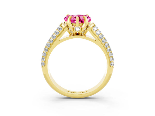 Yellow gold Heart Cut Pink Sapphire Solitaire Ring with Three-Row Pavé Band and Four-Prong Setting
