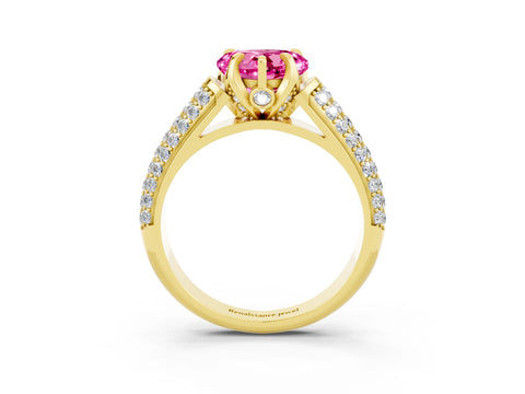 Yellow gold Heart Cut Pink Sapphire Solitaire Ring with Three-Row Pavé Band and Four-Prong Setting_15