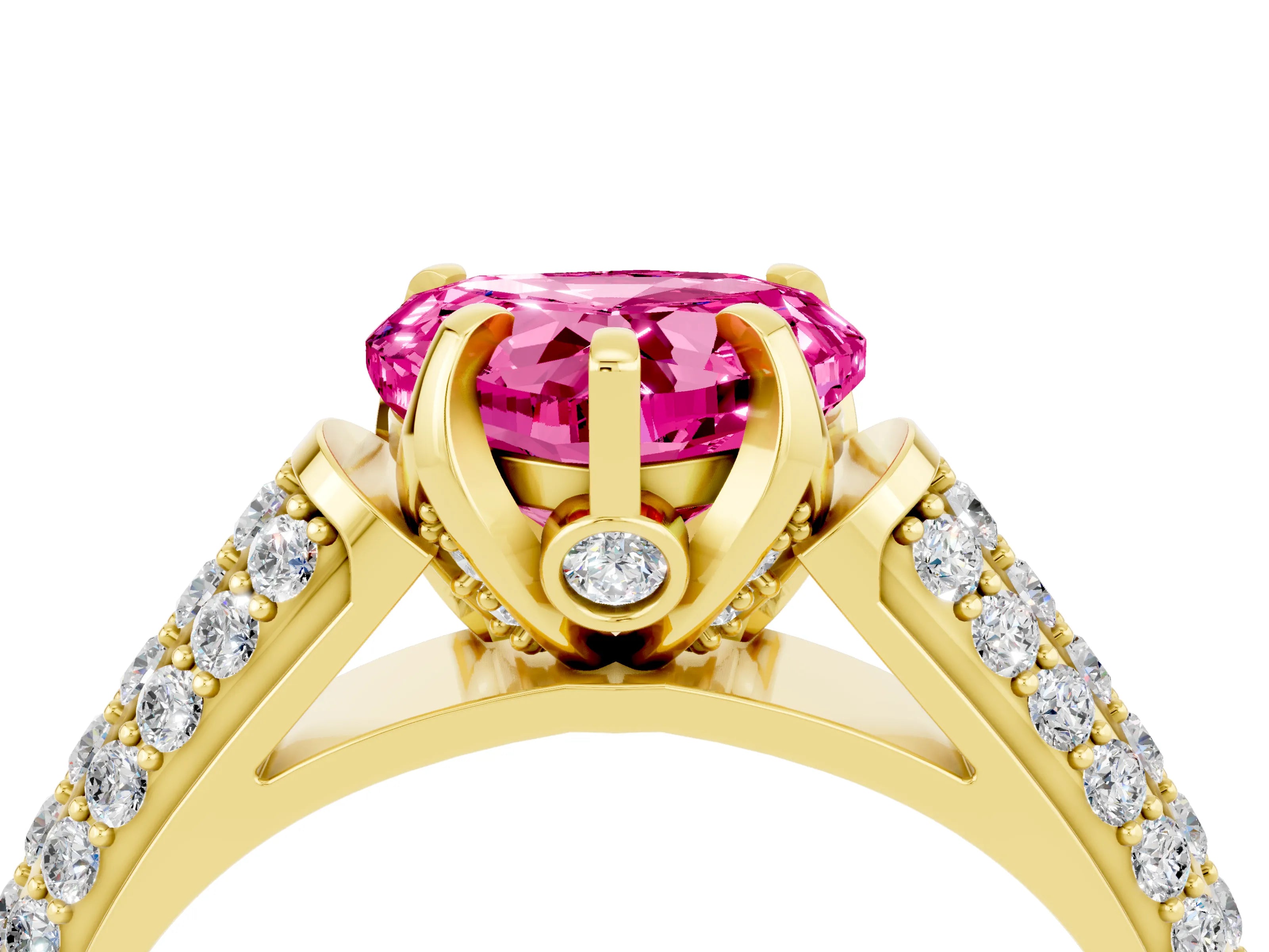 Yellow gold Heart Cut Pink Sapphire Solitaire Ring with Three-Row Pavé Band and Four-Prong Setting_16