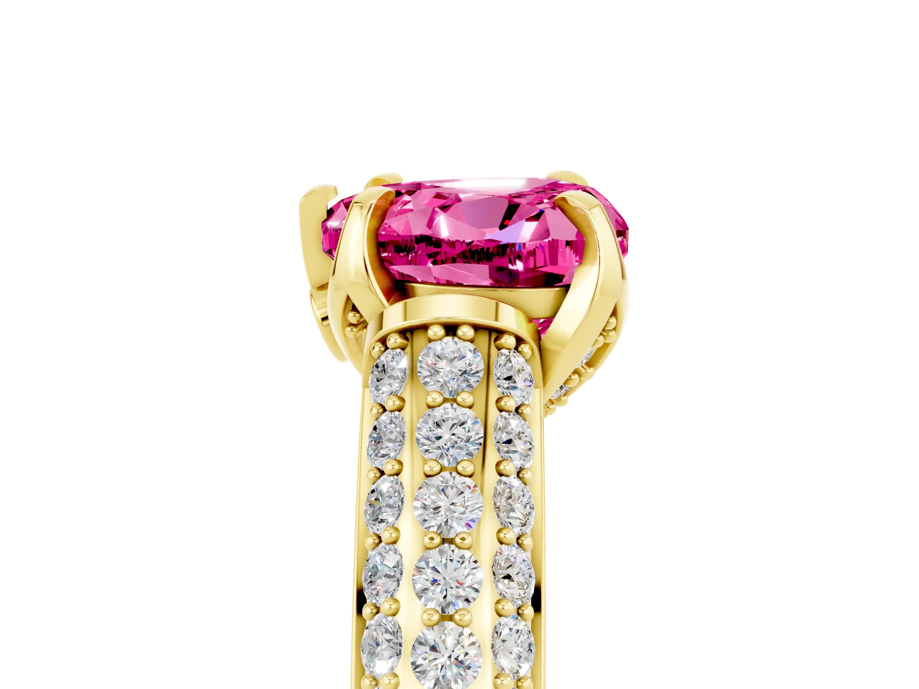 Yellow gold Heart Cut Pink Sapphire Solitaire Ring with Three-Row Pavé Band and Four-Prong Setting_17