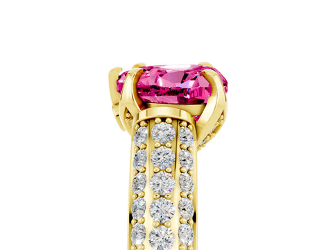 Yellow gold Heart Cut Pink Sapphire Solitaire Ring with Three-Row Pavé Band and Four-Prong Setting_17