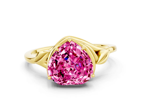 Yellow gold Heart Cut Pink Sapphire Solitaire Ring with Twist Band and Four-Prong Setting