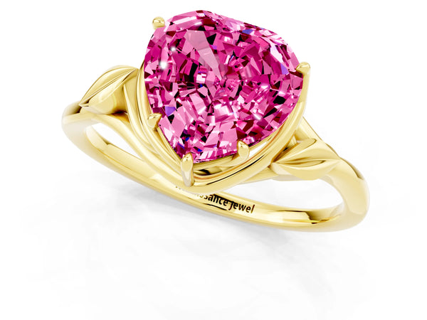 Yellow gold Heart Cut Pink Sapphire Solitaire Ring with Twist Band and Four-Prong Setting