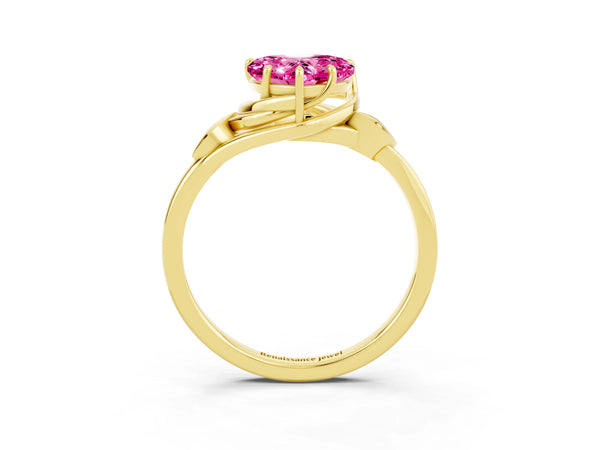 Yellow gold Heart Cut Pink Sapphire Solitaire Ring with Twist Band and Four-Prong Setting