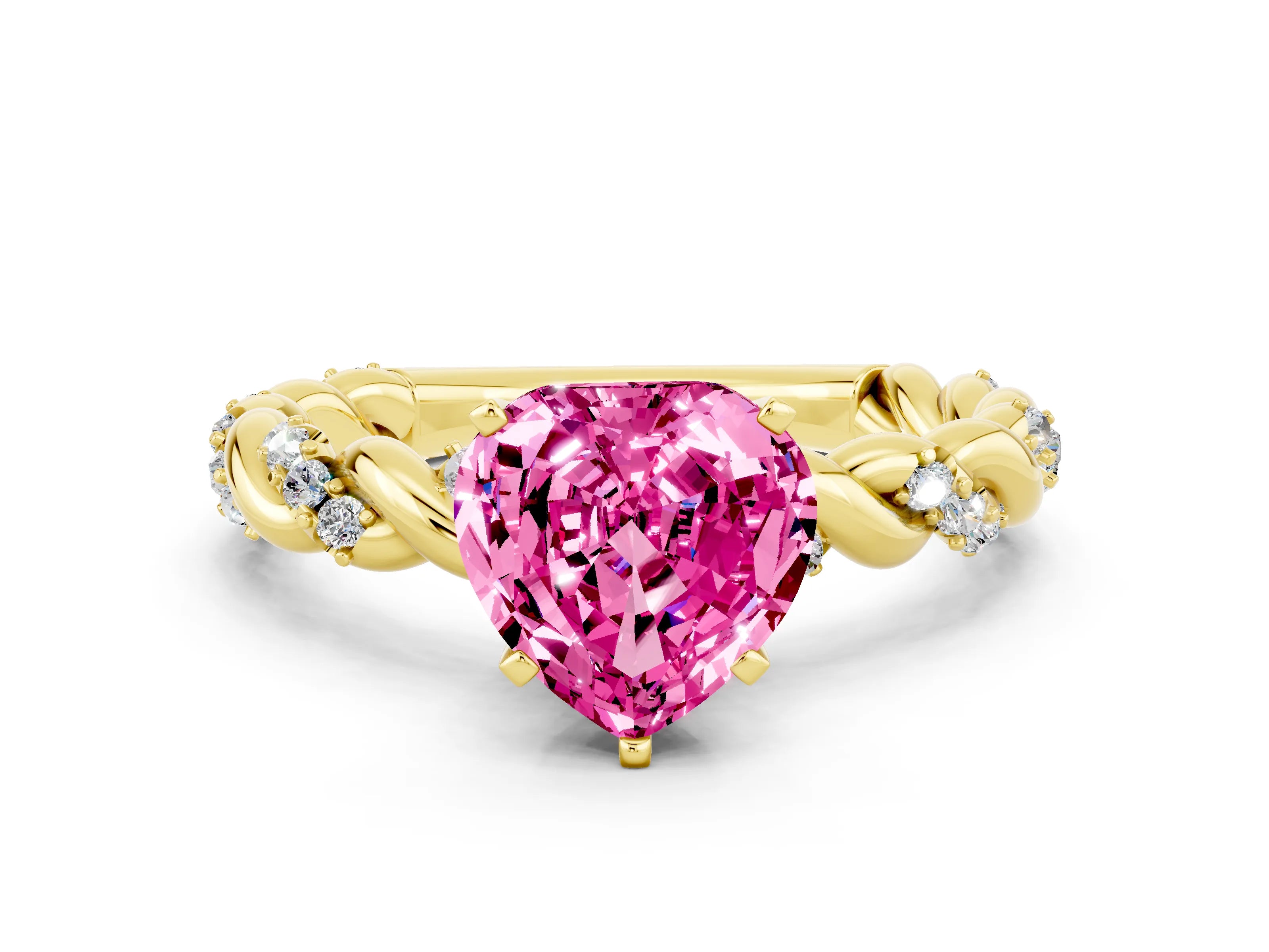 Yellow gold Heart Cut Pink Sapphire Solitaire Ring with Twisted Band and Pavé Accents
