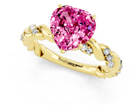 Yellow gold Heart Cut Pink Sapphire Solitaire Ring with Twisted Band and Pavé Accents_1