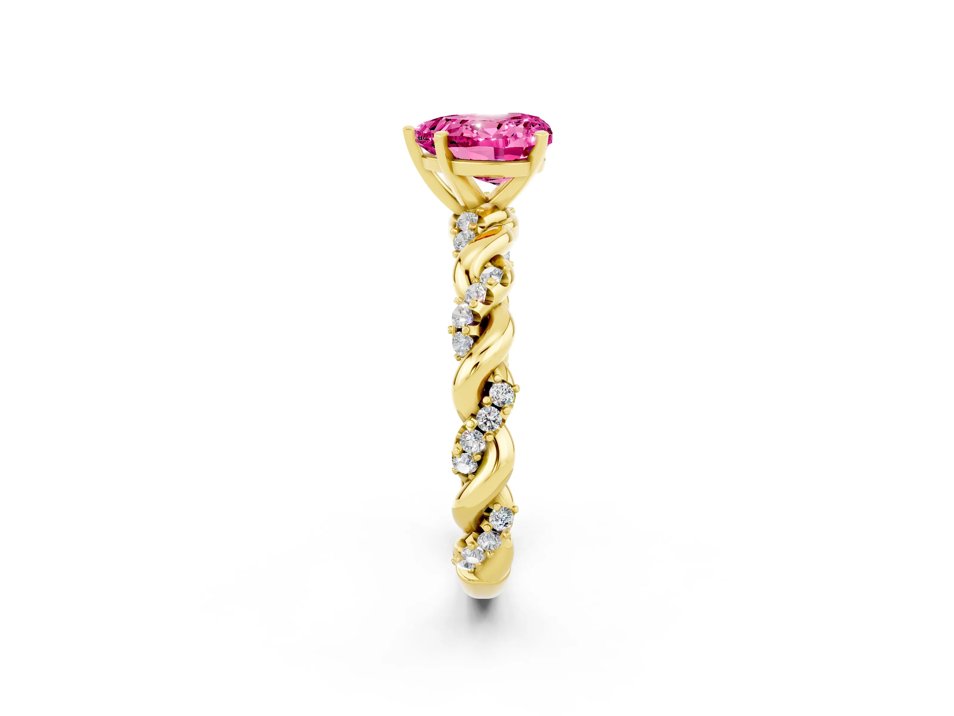 Yellow gold Heart Cut Pink Sapphire Solitaire Ring with Twisted Band and Pavé Accents_2