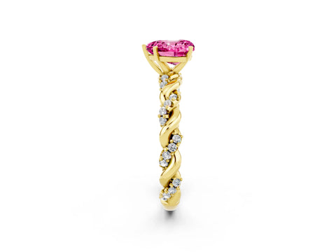 Yellow gold Heart Cut Pink Sapphire Solitaire Ring with Twisted Band and Pavé Accents_2