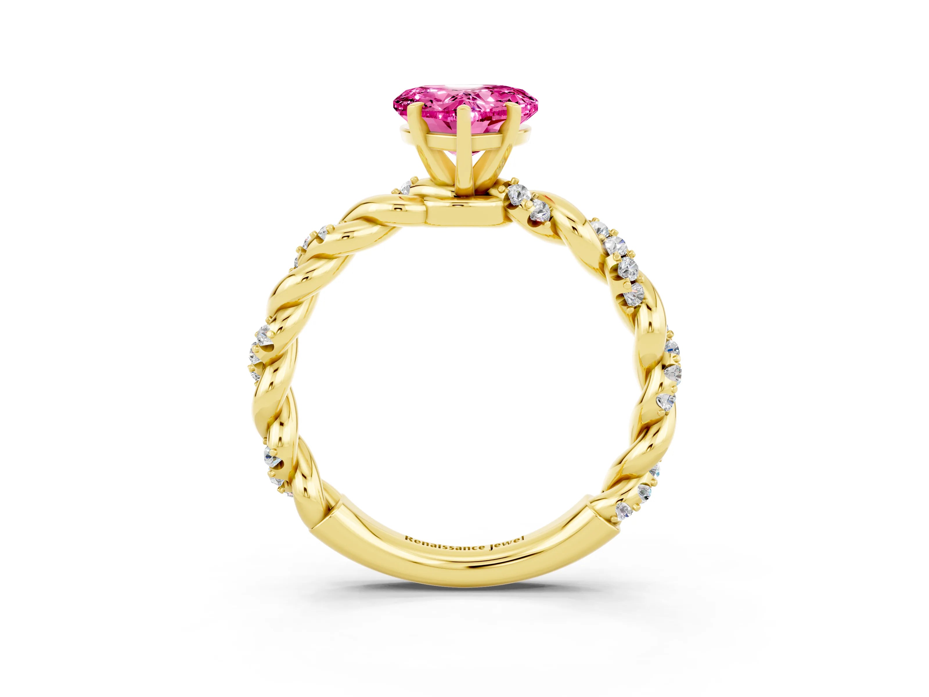 Yellow gold Heart Cut Pink Sapphire Solitaire Ring with Twisted Band and Pavé Accents_3