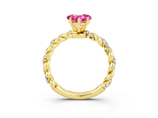Yellow gold Heart Cut Pink Sapphire Solitaire Ring with Twisted Band and Pavé Accents