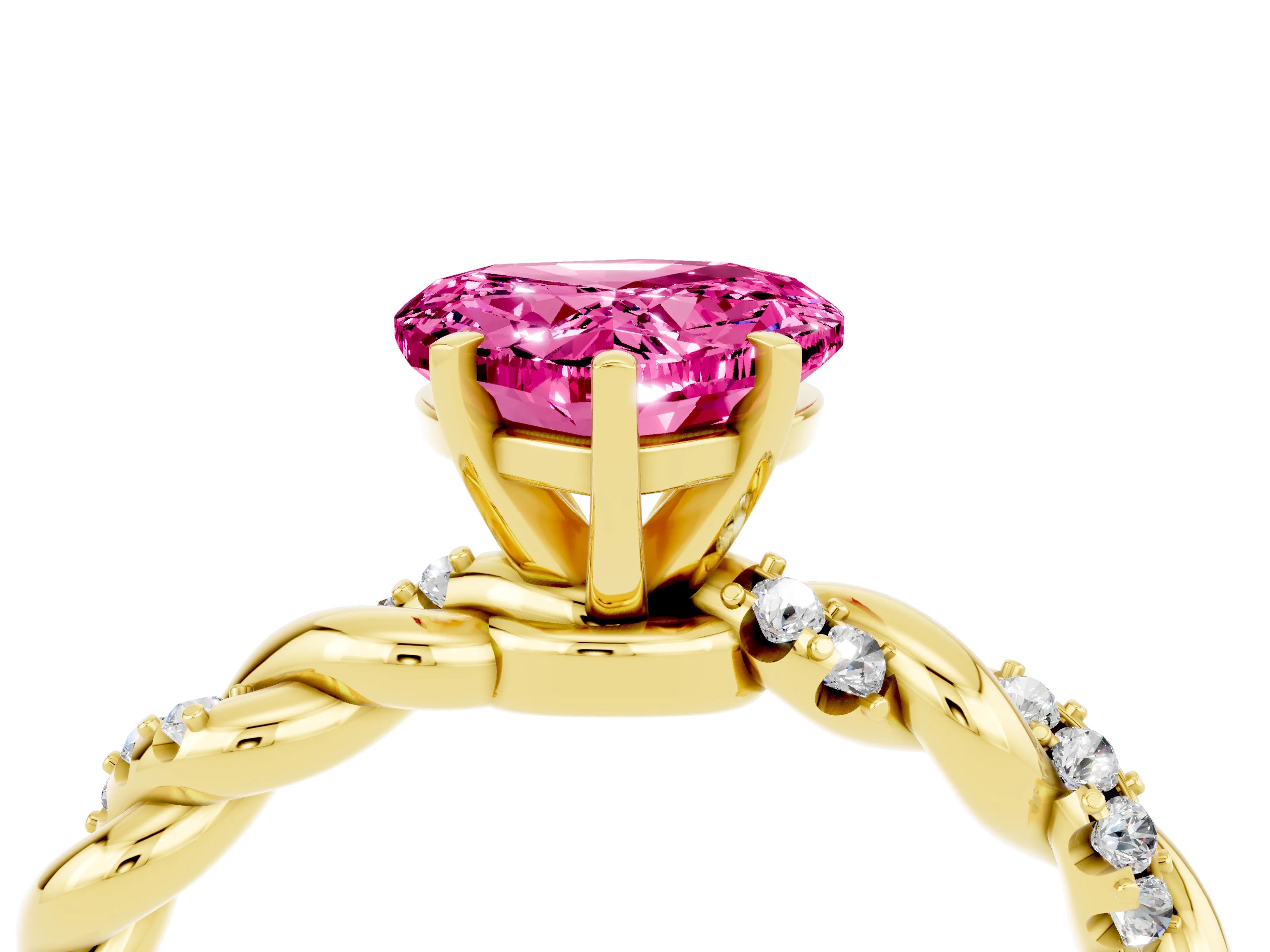 Yellow gold Heart Cut Pink Sapphire Solitaire Ring with Twisted Band and Pavé Accents_4
