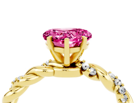 Yellow gold Heart Cut Pink Sapphire Solitaire Ring with Twisted Band and Pavé Accents_4