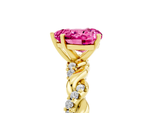 Yellow gold Heart Cut Pink Sapphire Solitaire Ring with Twisted Band and Pavé Accents_5