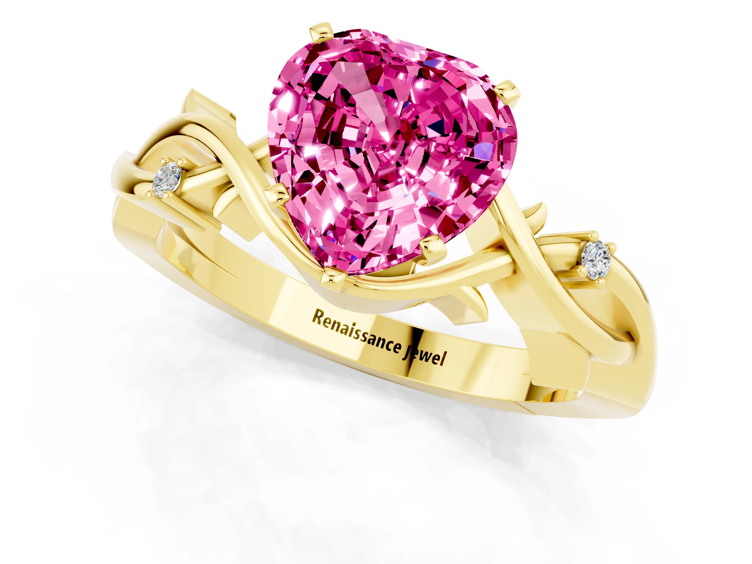 Yellow gold Heart Cut Pink Sapphire Solitaire Ring with Twisted Band and Prong Setting_1
