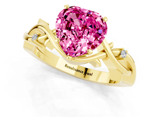 Yellow gold Heart Cut Pink Sapphire Solitaire Ring with Twisted Band and Prong Setting