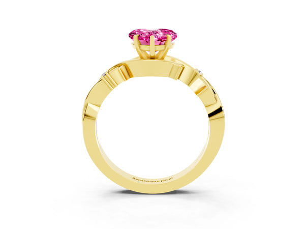 Yellow gold Heart Cut Pink Sapphire Solitaire Ring with Twisted Band and Prong Setting