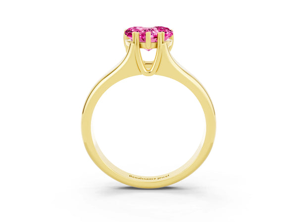 Yellow gold Heart Cut Pink Sapphire Solitaire Ring with Wide Band and Prong Setting