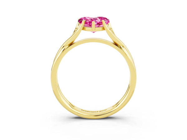 Yellow gold Heart Cut Pink Sapphire Solitaire Twist Band Prong Setting Ring