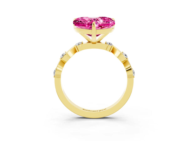 Yellow gold Heart Cut Pink Sapphire Solitaire Twisted Band with Round  Accents and Prong Setting