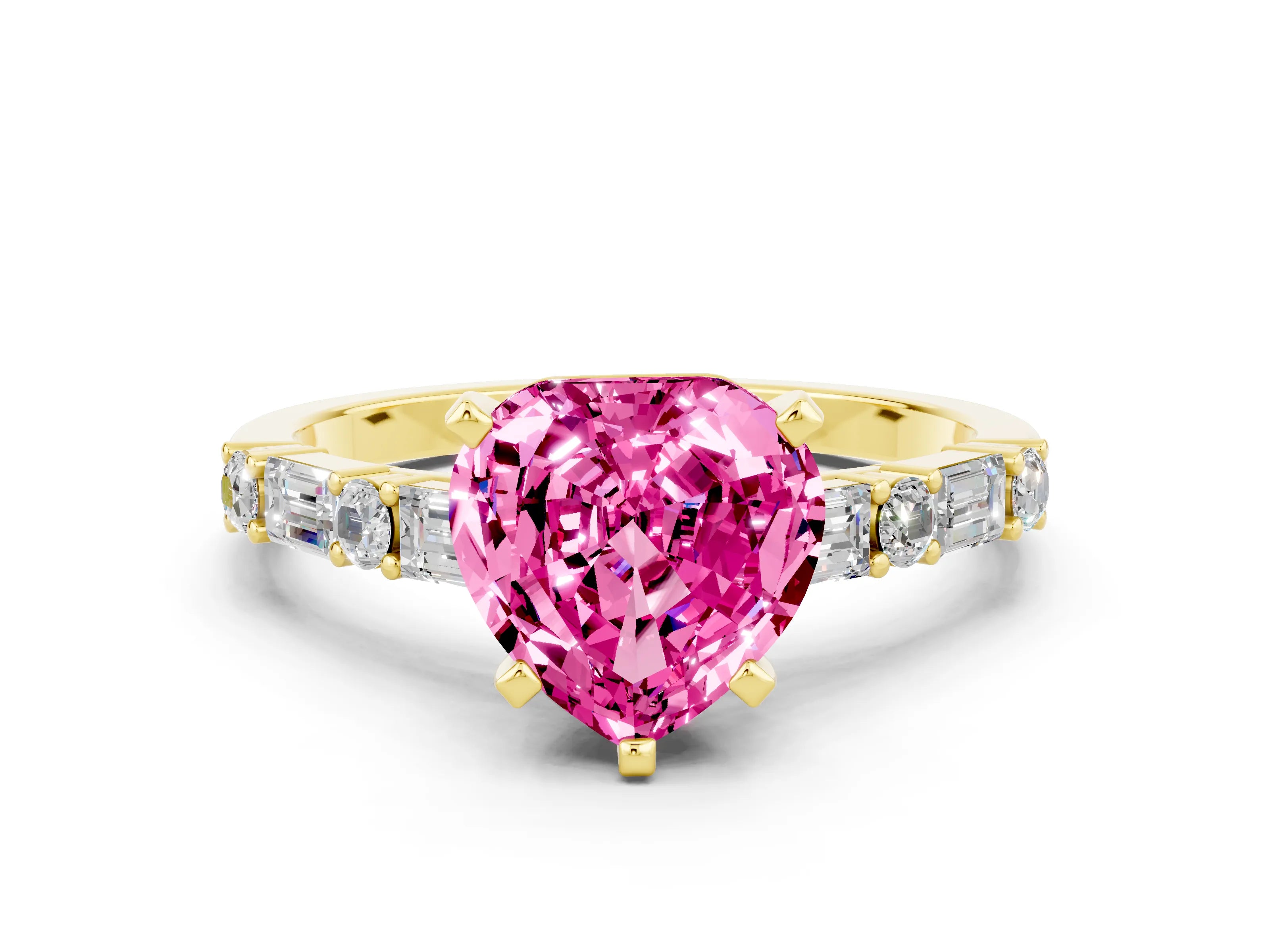 Yellow gold Heart Cut Pink Sapphire Solitaire with Side Baguettes and Channel Set Band_24