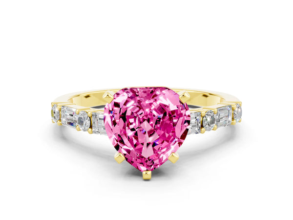 Yellow gold Heart Cut Pink Sapphire Solitaire with Side Baguettes and Channel Set Band