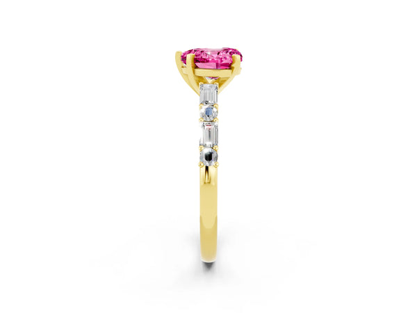Yellow gold Heart Cut Pink Sapphire Solitaire with Side Baguettes and Channel Set Band