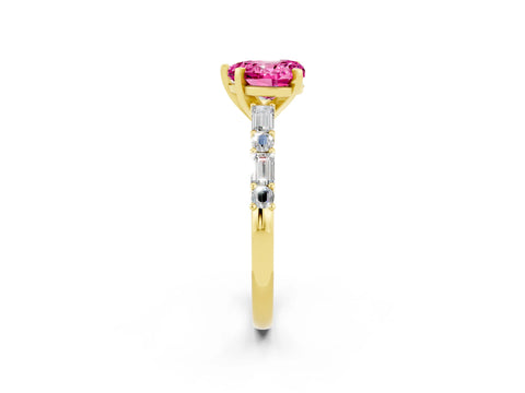 Yellow gold Heart Cut Pink Sapphire Solitaire with Side Baguettes and Channel Set Band_26
