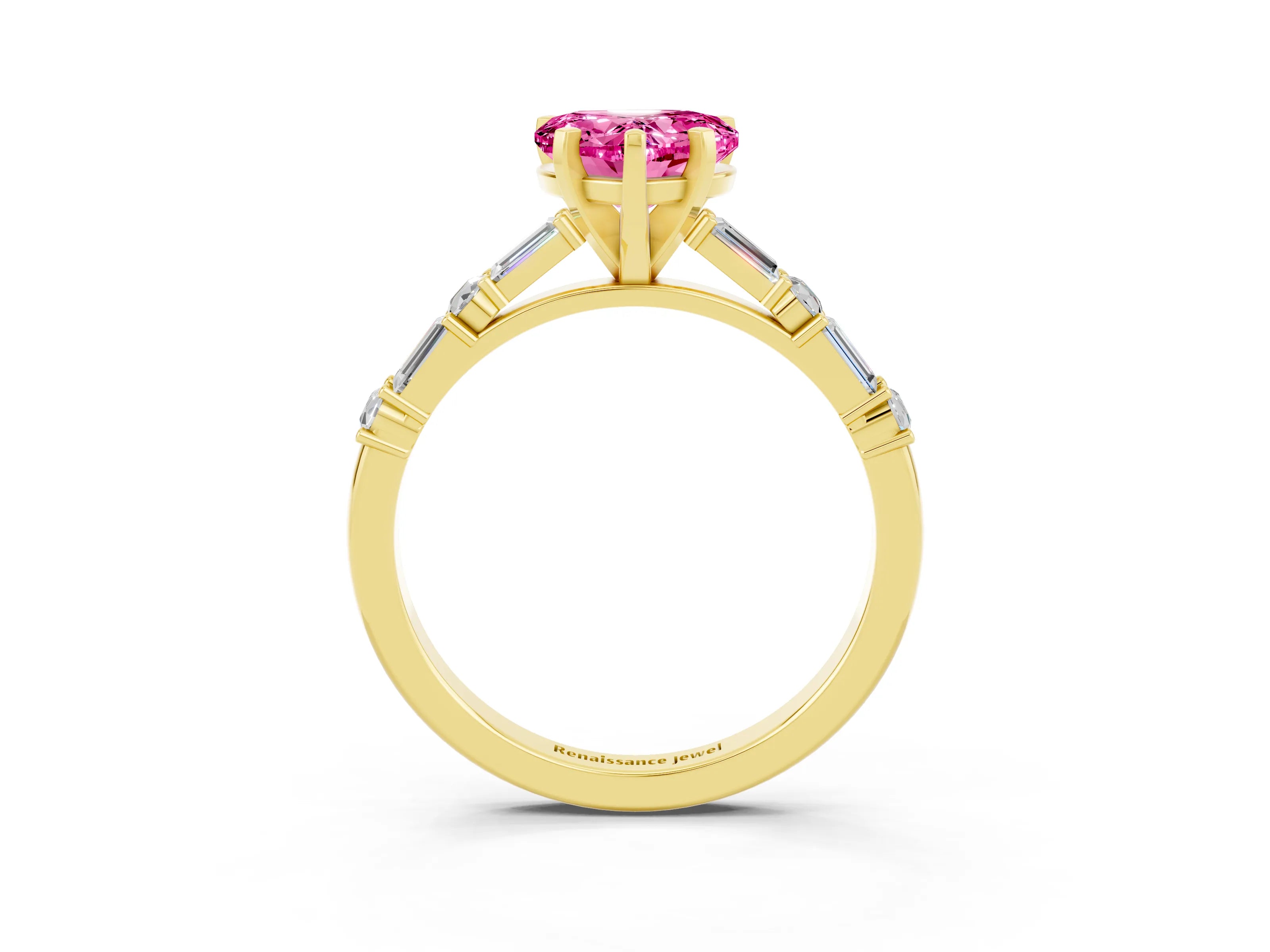 Yellow gold Heart Cut Pink Sapphire Solitaire with Side Baguettes and Channel Set Band_27