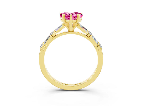 Yellow gold Heart Cut Pink Sapphire Solitaire with Side Baguettes and Channel Set Band