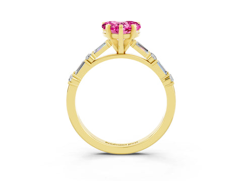 Yellow gold Heart Cut Pink Sapphire Solitaire with Side Baguettes and Channel Set Band_27