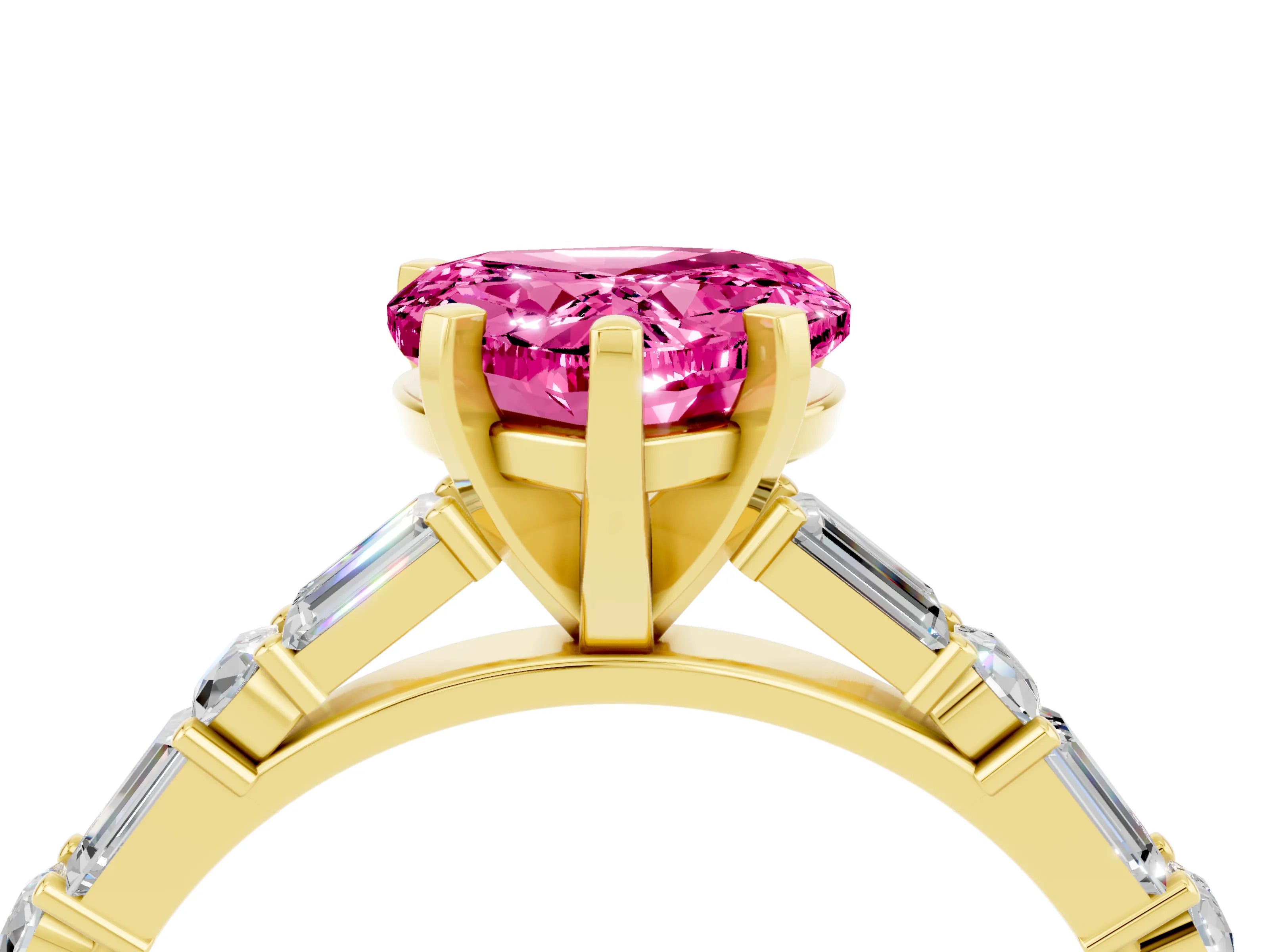 Yellow gold Heart Cut Pink Sapphire Solitaire with Side Baguettes and Channel Set Band_28