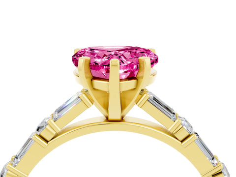 Yellow gold Heart Cut Pink Sapphire Solitaire with Side Baguettes and Channel Set Band_28