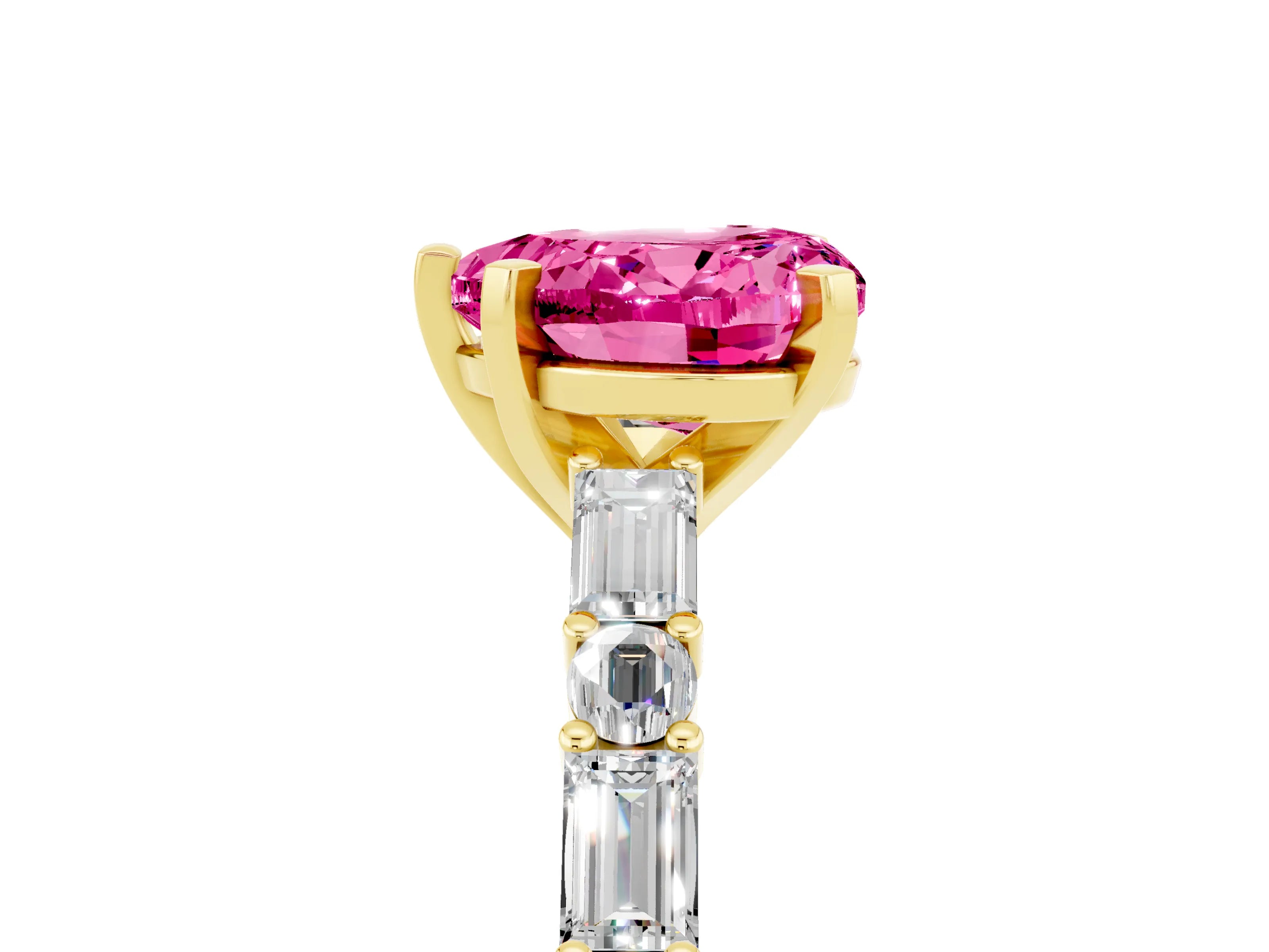 Yellow gold Heart Cut Pink Sapphire Solitaire with Side Baguettes and Channel Set Band_29
