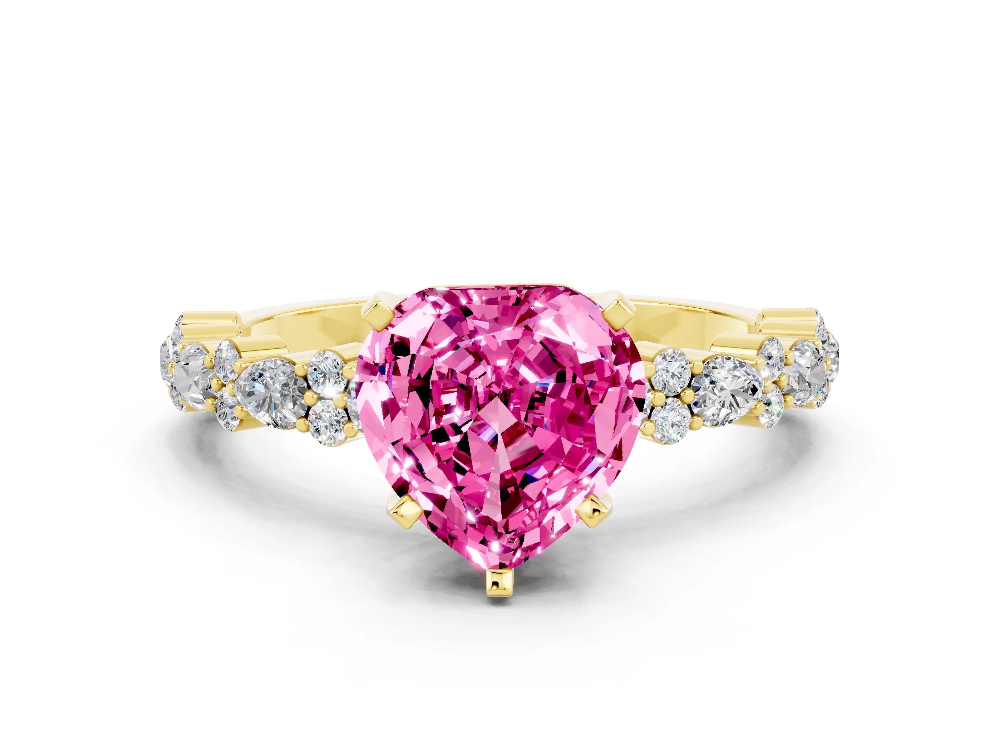 Yellow gold Heart Cut Pink Sapphire Solitaire with Side Stones, Pave Band, Four-Prong Setting_60