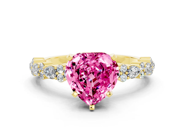 Yellow gold Heart Cut Pink Sapphire Side Stone Solitaire Ring with Round  and Four-Prong Setting