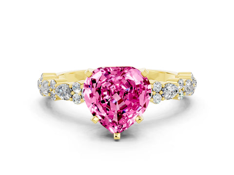 Yellow gold Heart Cut Pink Sapphire Solitaire with Side Stones, Pave Band, Four-Prong Setting_60