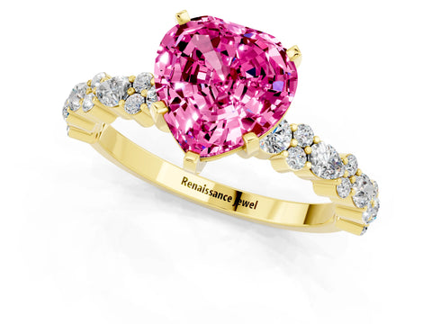 Yellow gold Heart Cut Pink Sapphire Solitaire with Side Stones, Pave Band, Four-Prong Setting_61