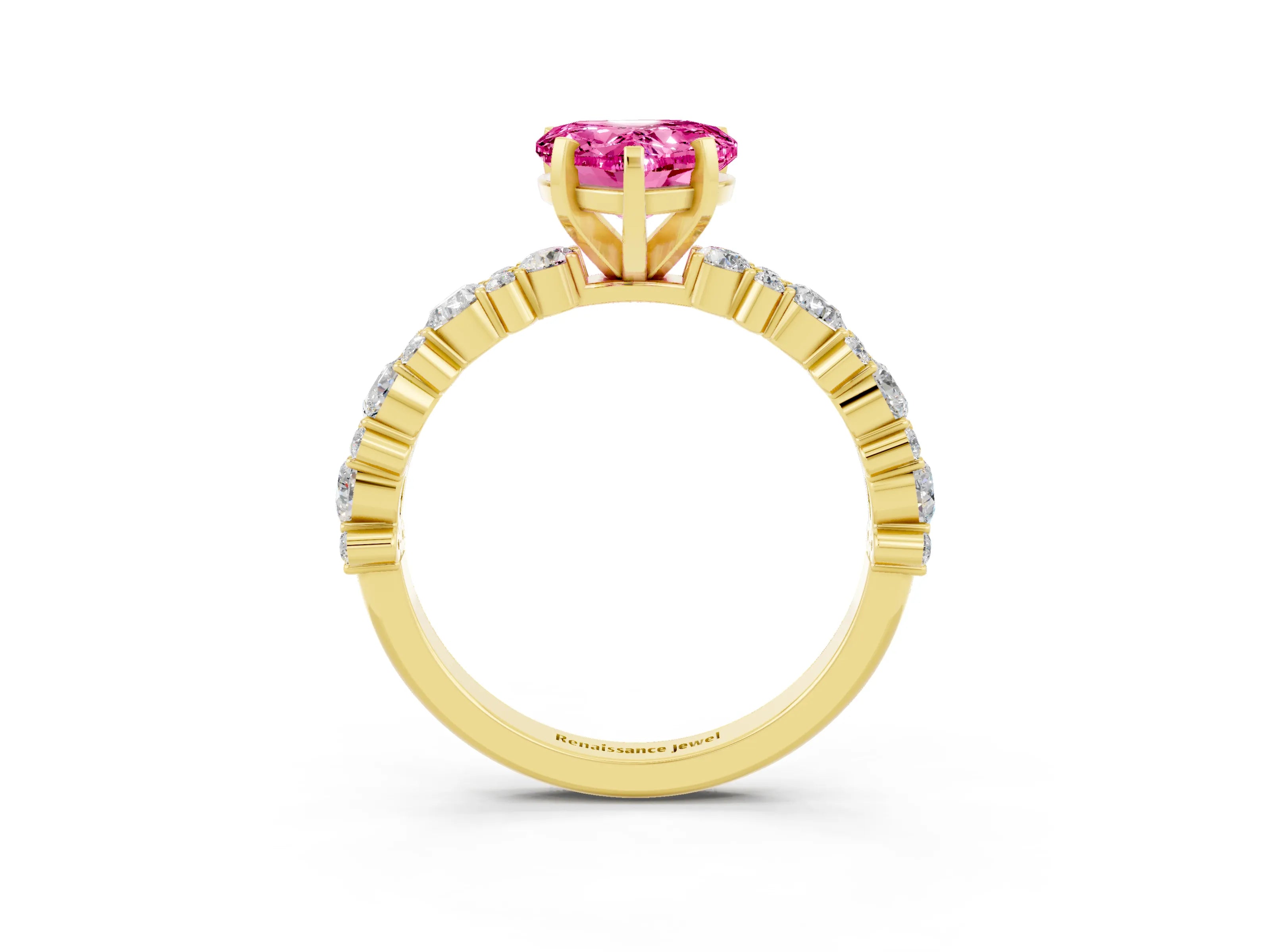 Yellow gold Heart Cut Pink Sapphire Solitaire with Side Stones, Pave Band, Four-Prong Setting_63